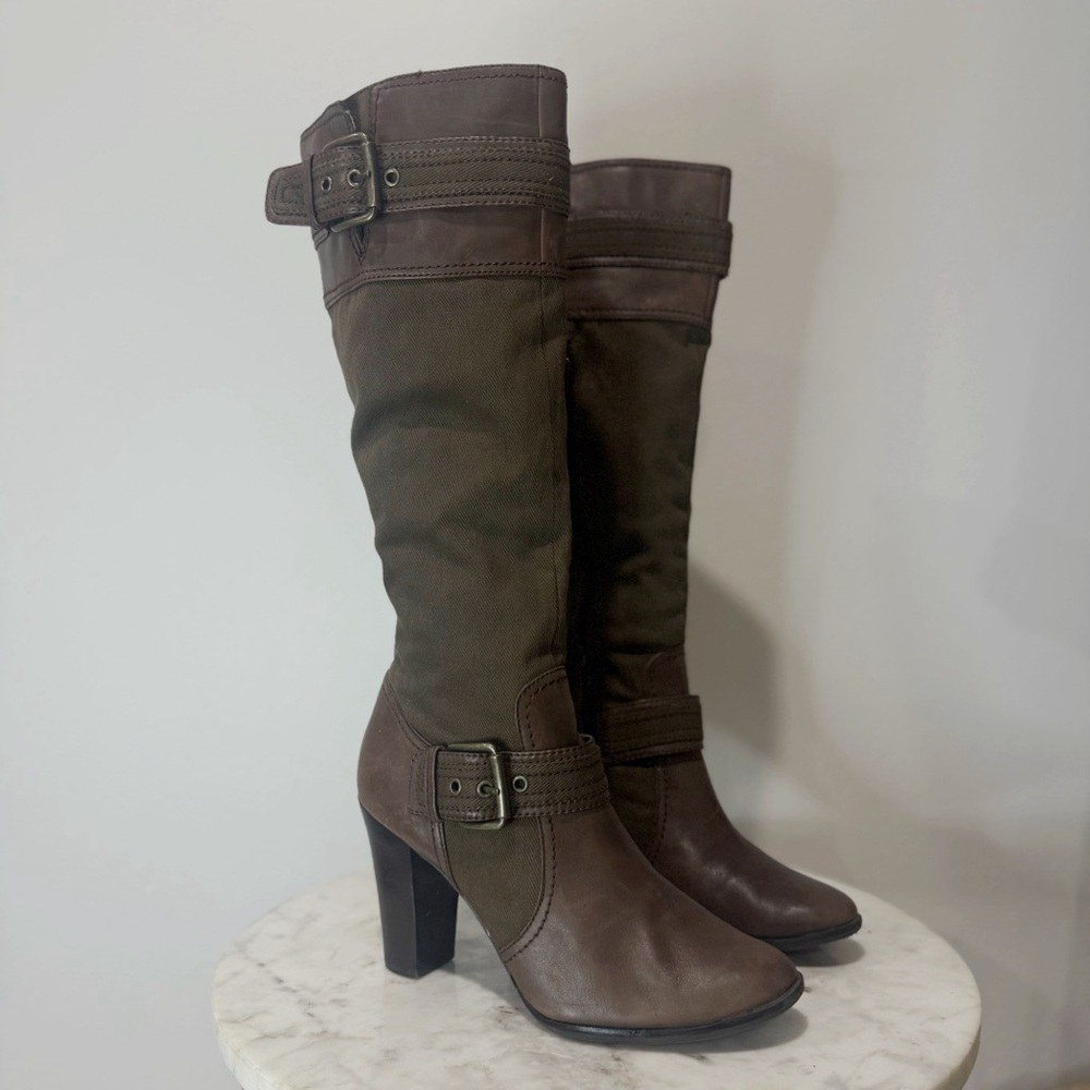 Nine West Tall Brown Heeled Buckle Boots Leather Canvas  Size 9 1/2